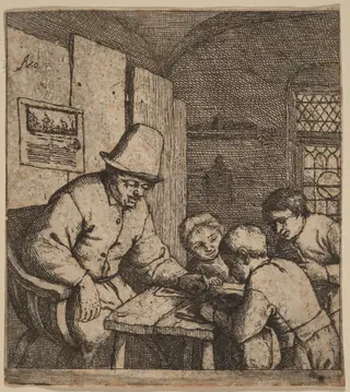 Village Schoolmaster with Three Pupils, by Adriaen van Ostade, ink, 1679