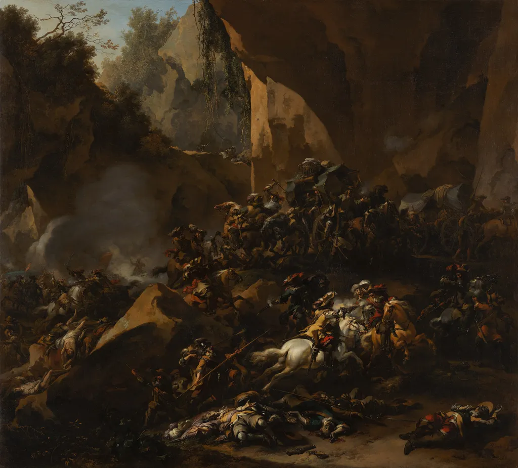 Travellers attacked by brigands, by Nicolaes Pieterszoon Berchem, oil, 1670
