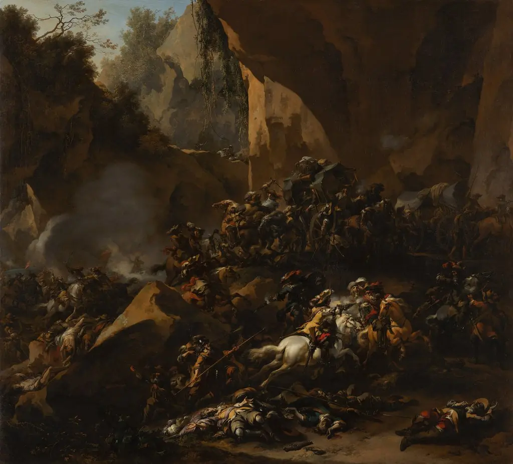 Travellers attacked by brigands, by Nicolaes Pieterszoon Berchem, oil, 1670