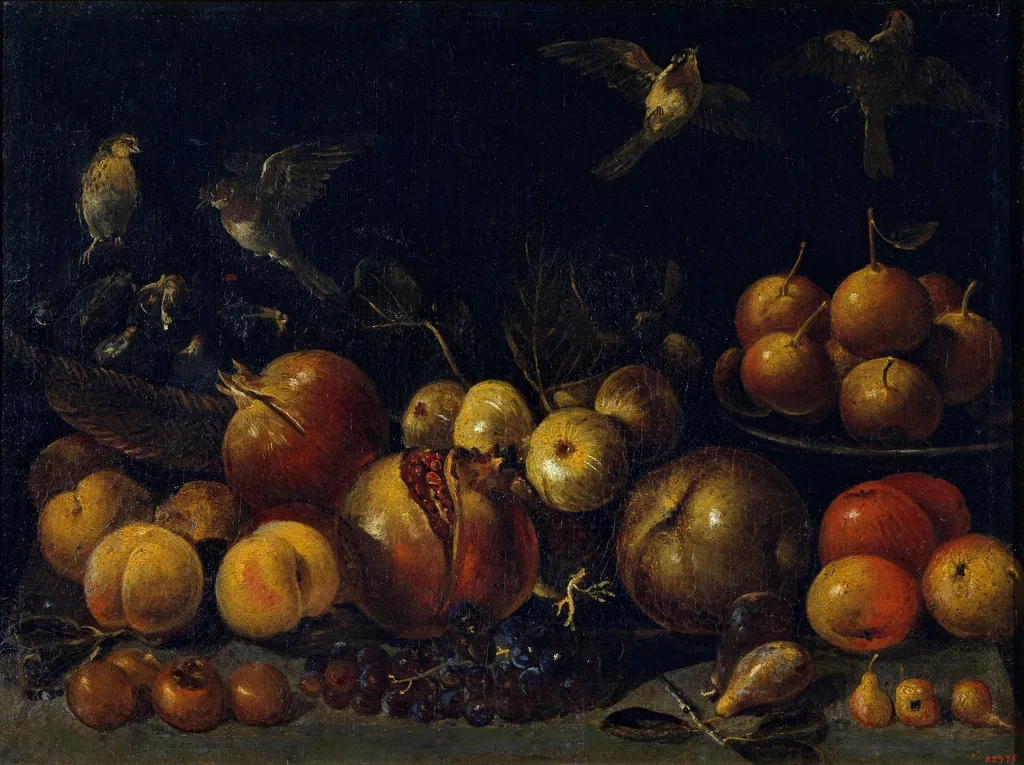 Still Life with Pomegranates, Apples, Pears, Grapes, Figs and Birds, by Tommaso Realfonso, oil, 1650