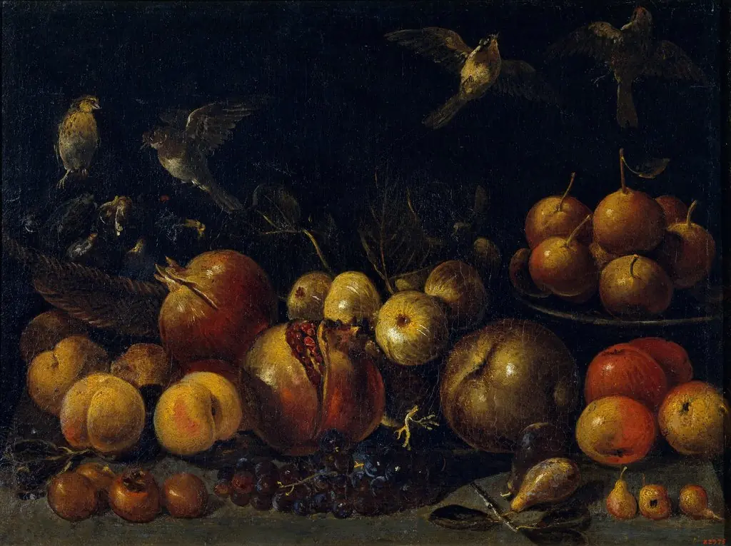 Still Life with Pomegranates, Apples, Pears, Grapes, Figs and Birds, by Tommaso Realfonso, oil, 1650