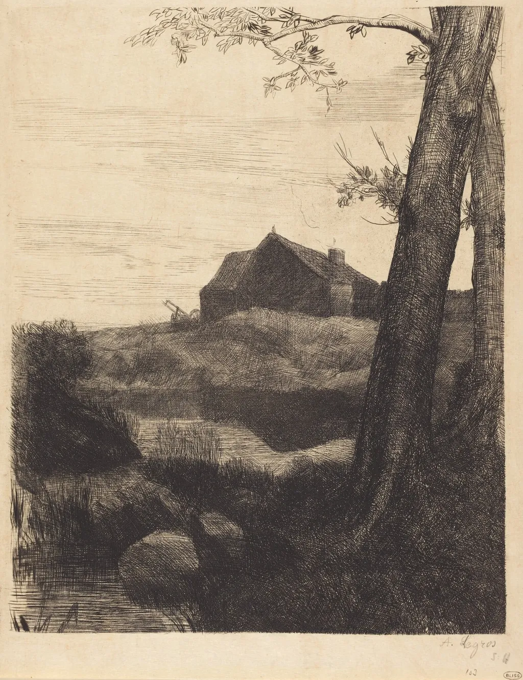 Farm with Large Tree (La ferme au grand arbre), by Alphonse Legros, ink, 1874