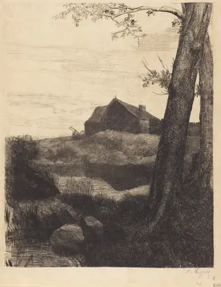 Farm with Large Tree (La ferme au grand arbre), by Alphonse Legros, ink, 1874