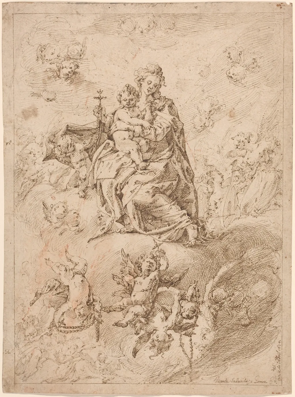 The Madonna of the Rosary, by Vicente Salvador Gómez, ink, 1674