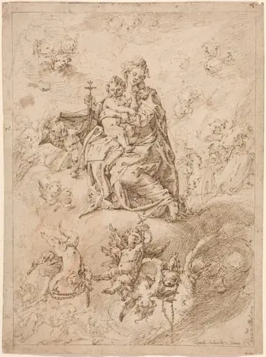 The Madonna of the Rosary, by Vicente Salvador Gómez, ink, 1674