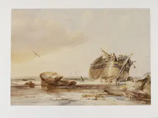 Rocky Shore with Dismantled Vessel, by George Chambers, watercolor, 1838