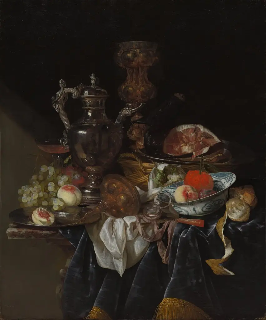Silver Wine Jug, Ham, and Fruit, by Abraham van Beijeren, oil, 1660