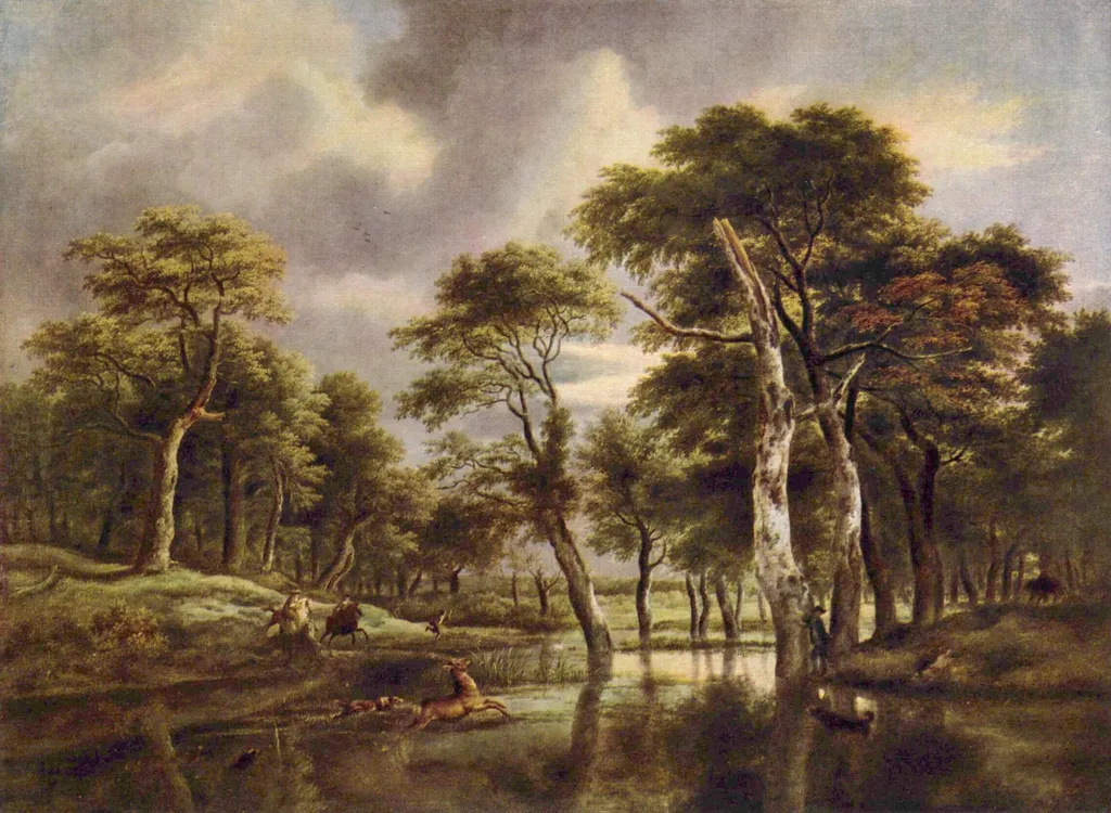 Stag Hunt in a Wood with a Marsh, by Jacob van Ruisdael, oil, 1660