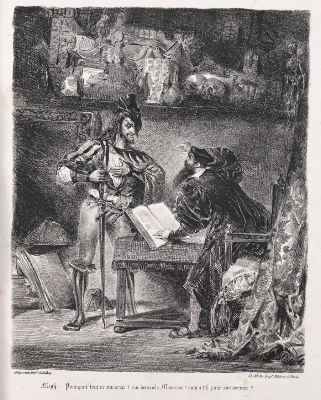 Illustrations for Faust:  Méphistophélés visits Faust, by Eugène Delacroix, 1828