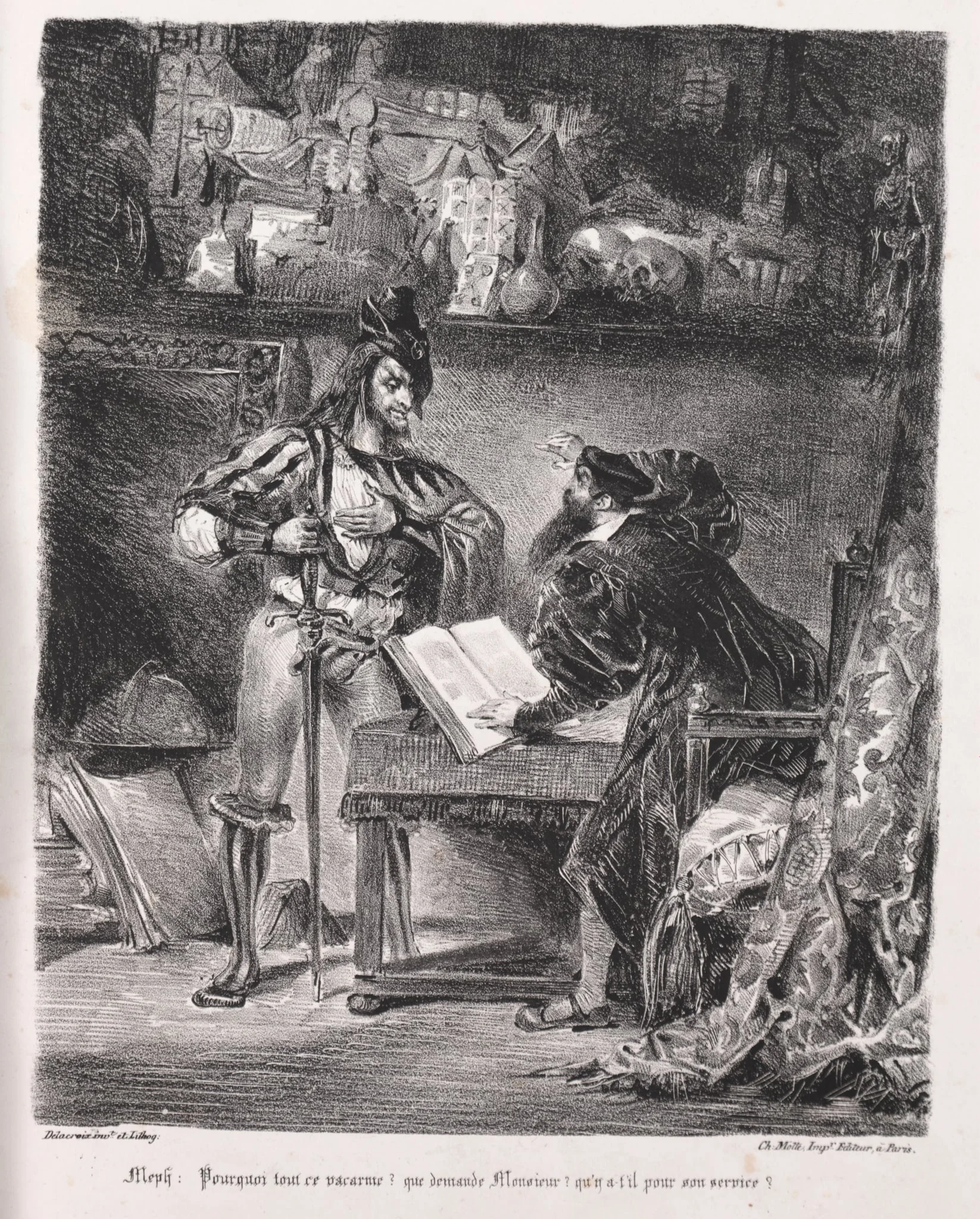 Illustrations for Faust: Méphistophélés visits Faust, detail