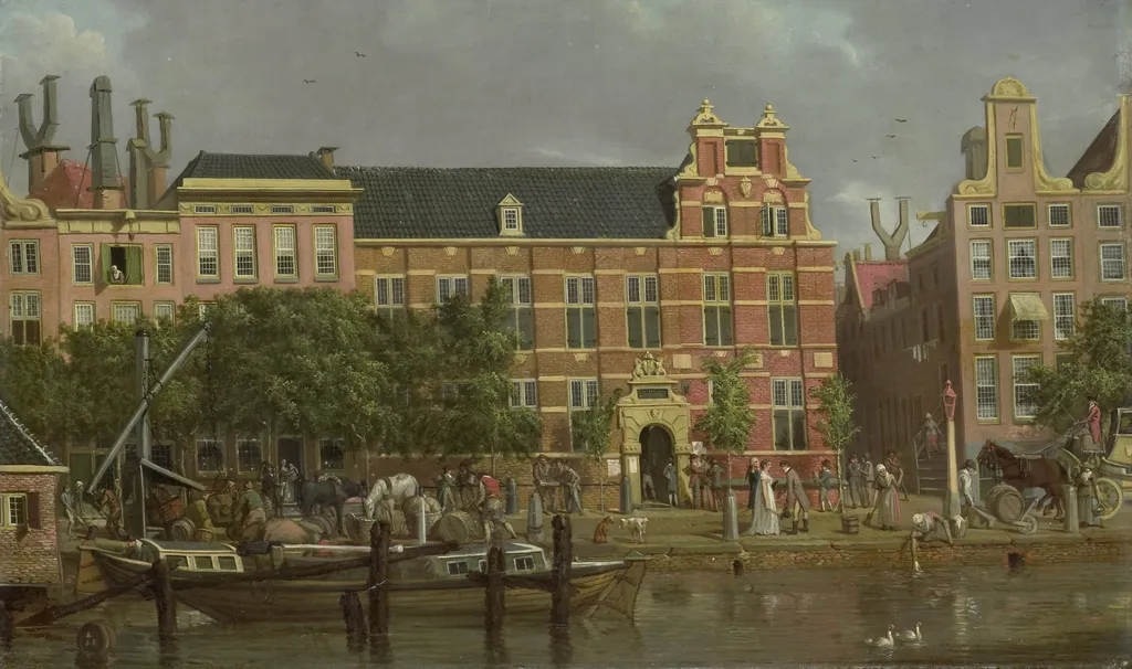 The Latin school on the Singel, Amsterdam, by Jacob Smies, oil, 1802