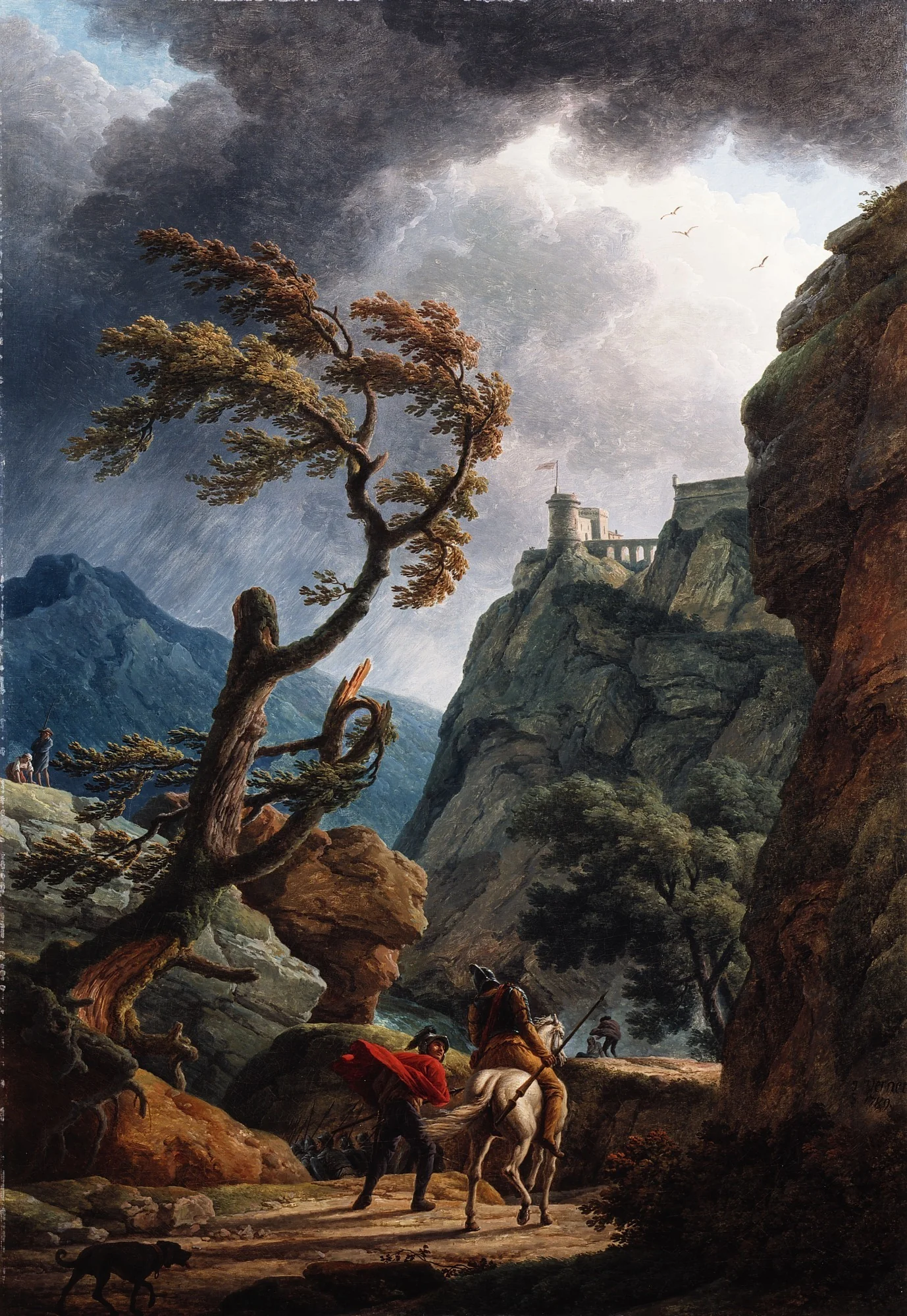 Soldiers in a Mountain Gorge, with a Storm, detail
