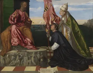 Jacopo Pesaro, Bishop of Paphos, being presented by Pope Alexander VI to Saint Peter, by Titian, oil, 1504