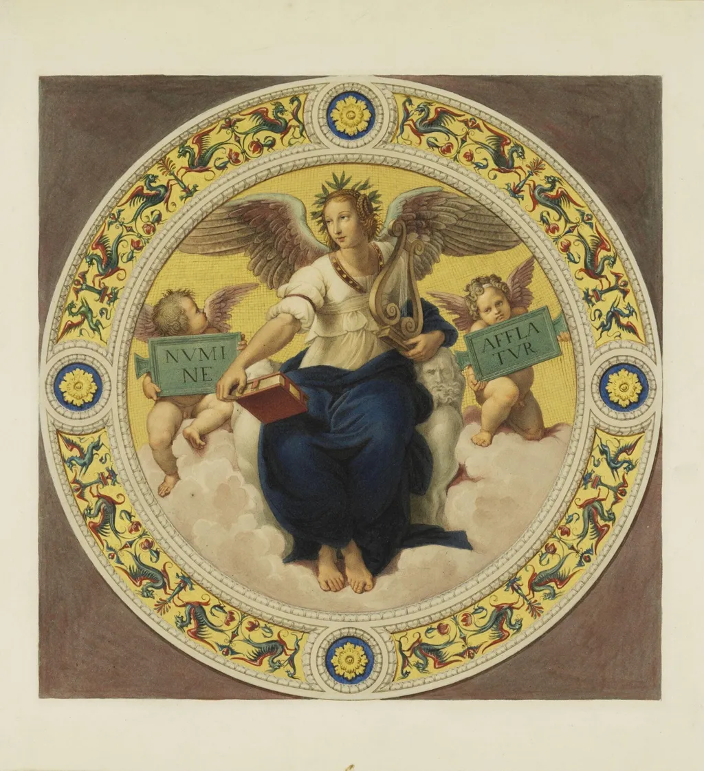 Copy after Raphael’s ceiling fresco representing ‘Poetry’ in the Stanza della Segnatura (Vatican Palace, Rome,1509-11), 1864, by Cesari Mariannecci, watercolor, 1864