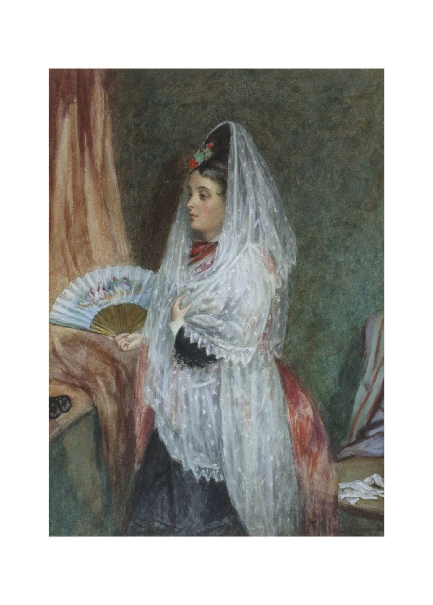 Lady wearing a lace veil and holding a fan, detail