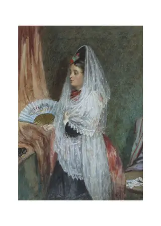 Lady wearing a lace veil and holding a fan, by Frank Nowlan, watercolor, 1860