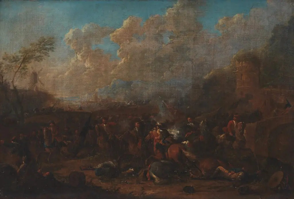 Cavalry Skirmish at a Fortress, by Karel Breydel, oil, 1713