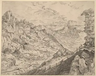 Large Alpine Landscape, by Johannes van Doetechum the Elder, ink, 1556