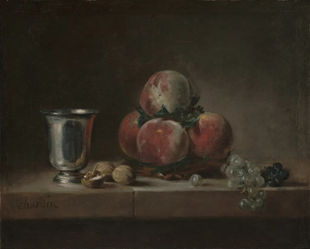 Still Life with Peaches, a Silver Goblet, Grapes, and Walnuts, by Jean-Baptiste-Siméon Chardin, oil, 1759
