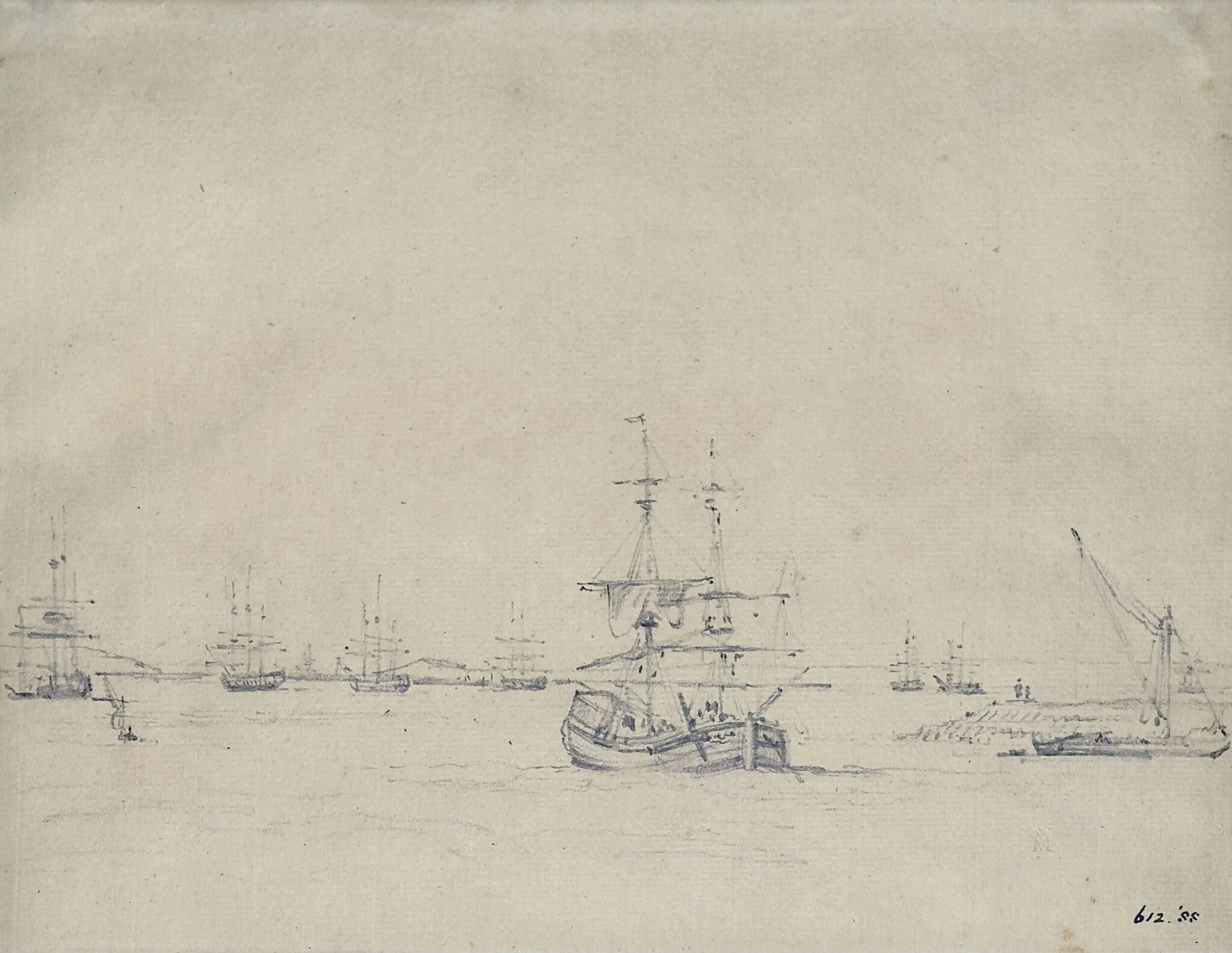 A brig at anchor and other shipping in the Thames, detail