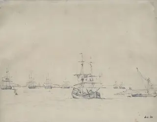 A brig at anchor and other shipping in the Thames, by John Constable, watercolor, 1803