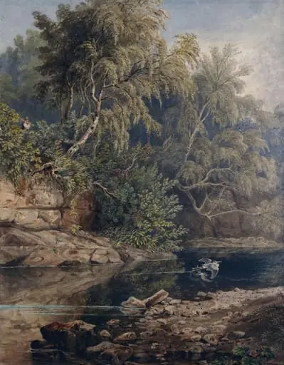 Woodland scene, with a startled heron, by Joseph Clayton Bentley, watercolor, 1840