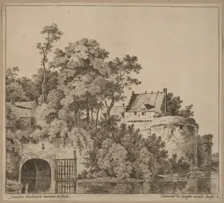 Small Town (Town Gate at Gorkum?), by Jan Hackaert, ink, 1664