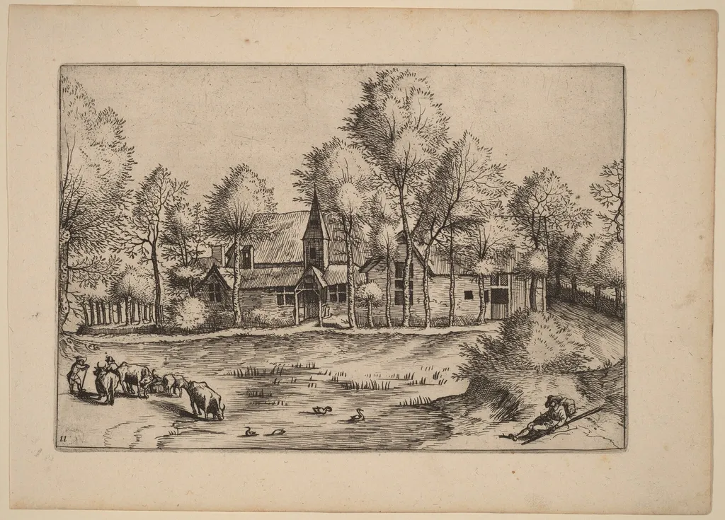 Country Village with Church, by Johannes van Doetechum the Elder, ink