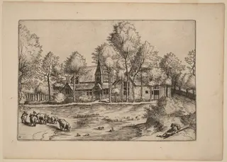 Country Village with Church, by Johannes van Doetechum the Elder, ink