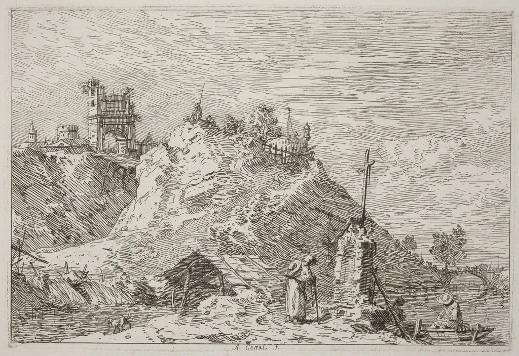 Landscape with the Pilgrim at Prayer [upper left], by Canaletto, ink, 1740