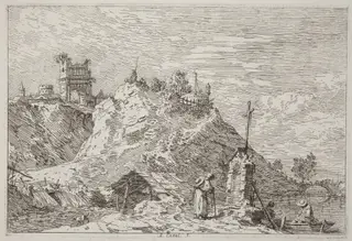 Landscape with the Pilgrim at Prayer [upper left], by Canaletto, ink, 1740