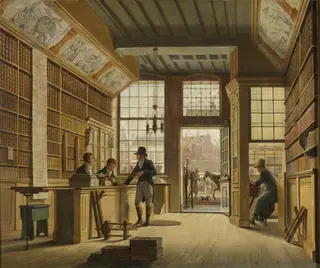 The Shop of the Bookdealer Pieter Meijer Warnars on the Vijgendam in Amsterdam, by Johannes Jelgerhuis, oil, 1820