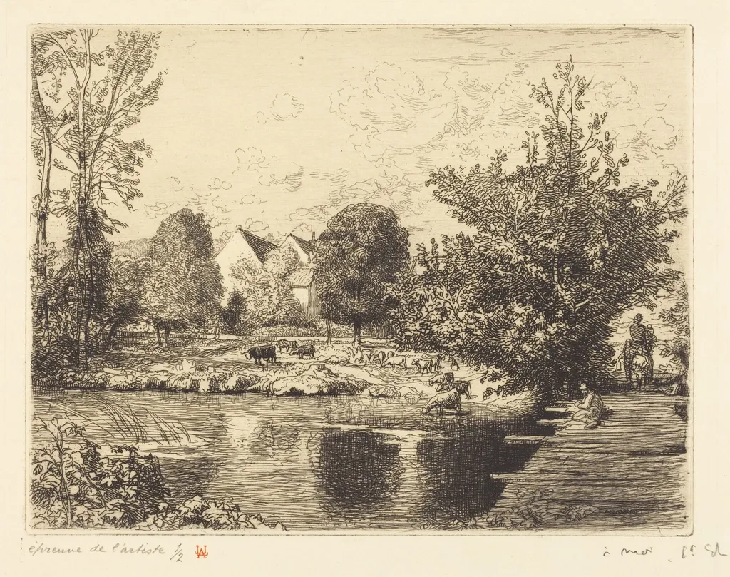Old Foot-bridge, Banks of the Small Morin (Vieille passerelle, bords du petit morin), by Auguste Lepère, ink, 1915