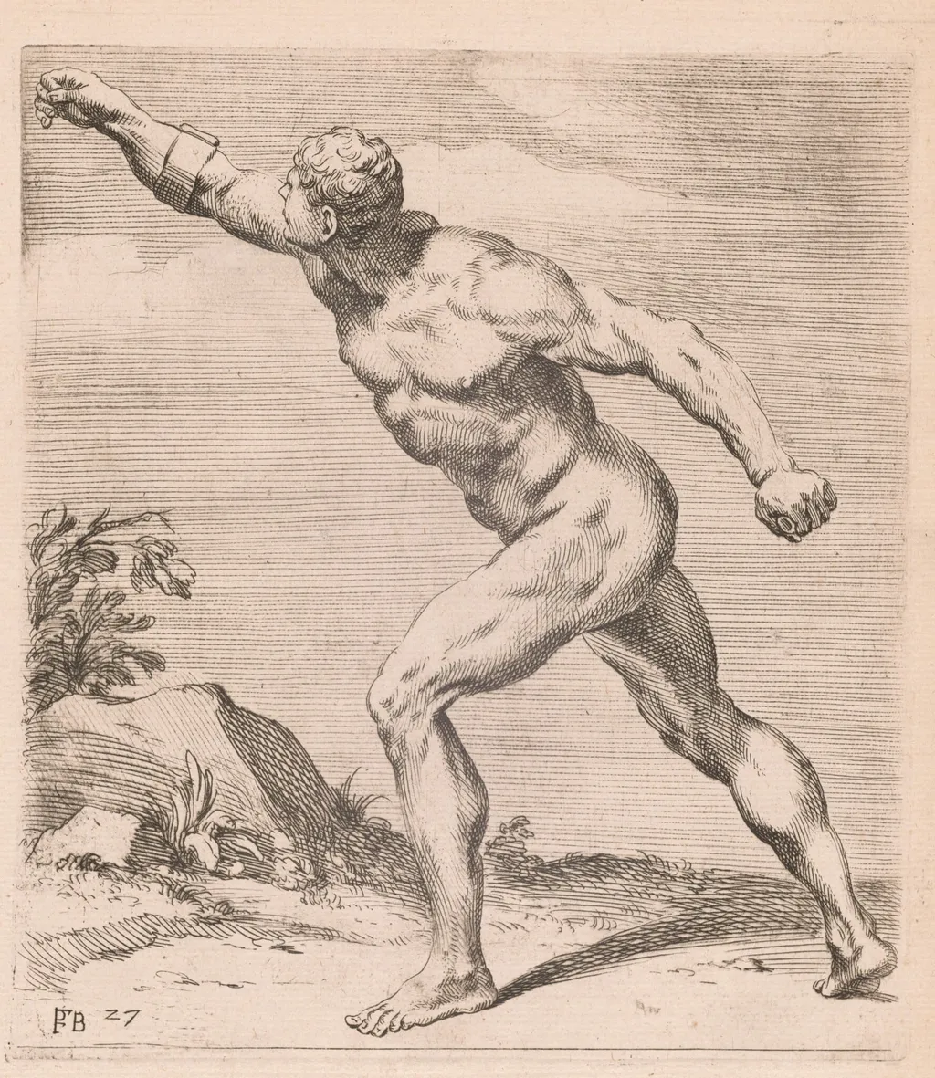 A Nude Fighting Man, side view, turned to left [plate 27], by François Perrier, ink, 1638