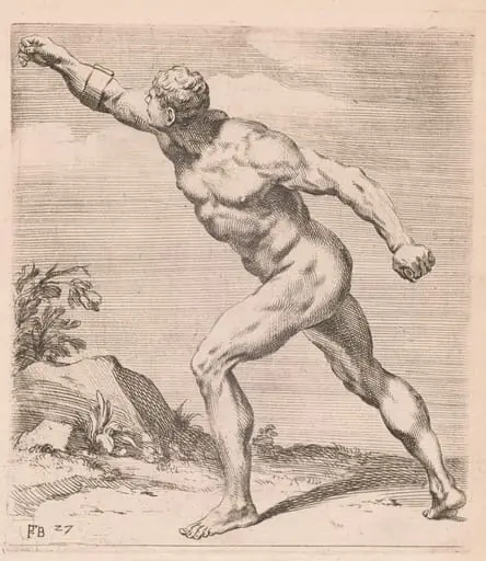 A Nude Fighting Man, side view, turned to left [plate 27], by François Perrier, ink, 1638