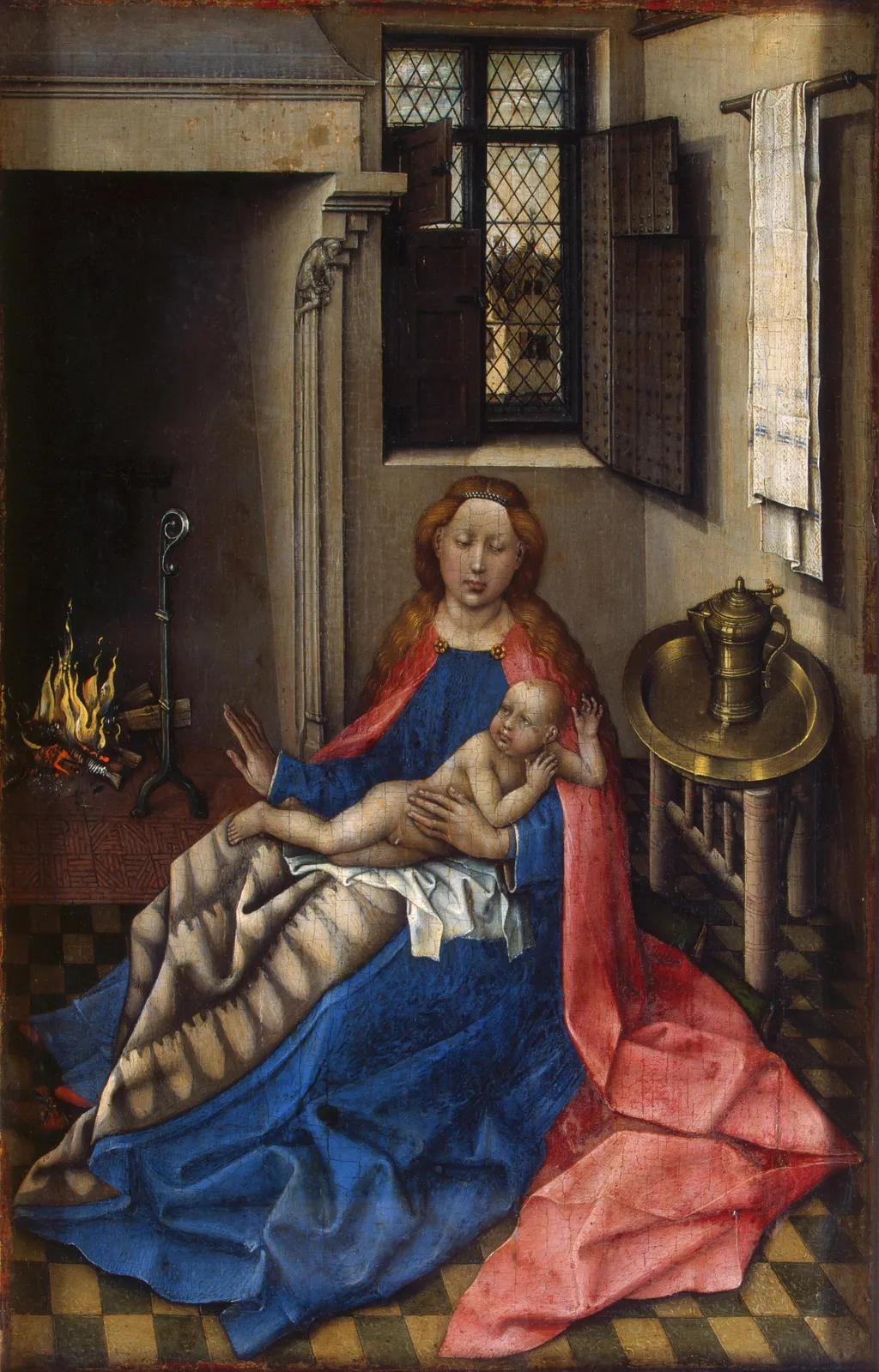 The Virgin and Child by a Fireplace (Right Wing of a Diptych), by Robert Campin, oil, 1433