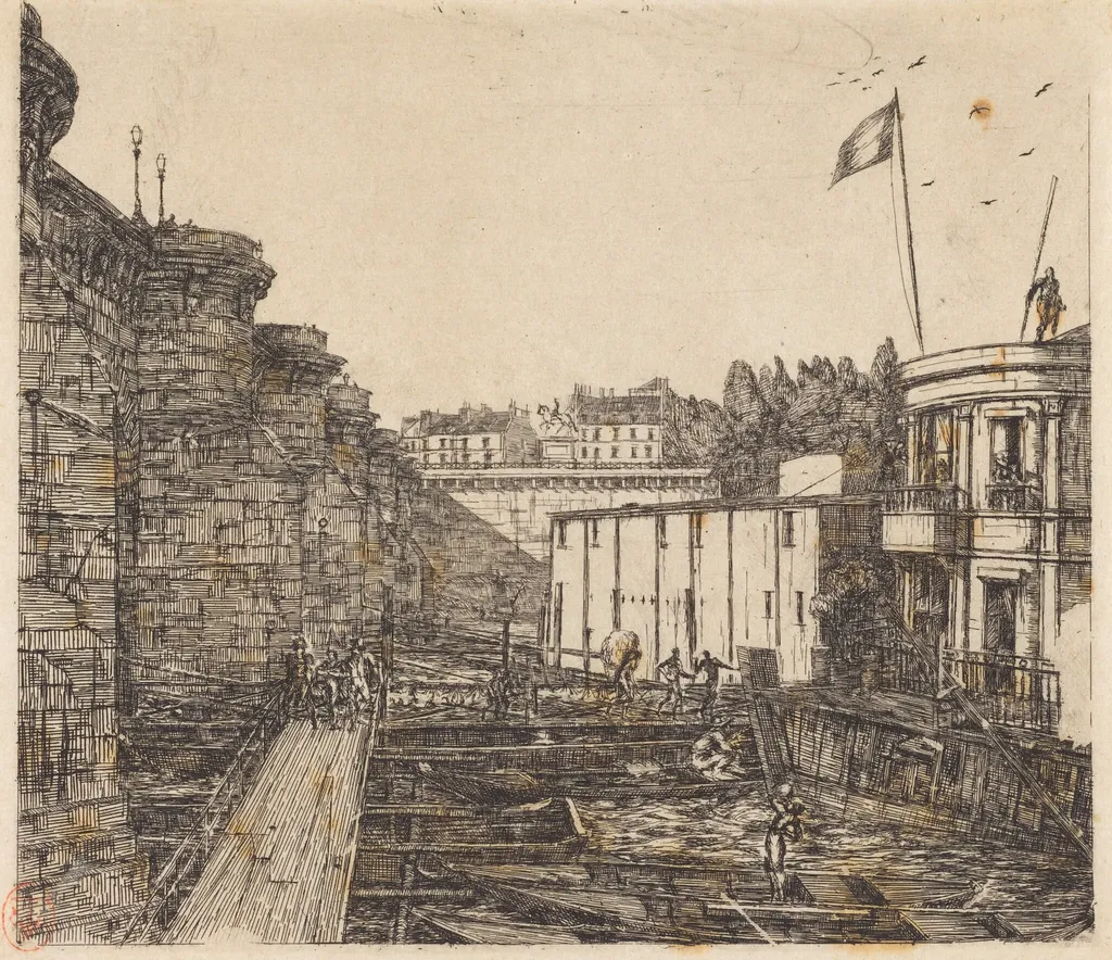 Bain-froid chevrier, dit "de l'École" (Chevrier's Cold-Bath Establishment, Sometimes called the "School-Baths"), by Charles Meryon, ink, 1864