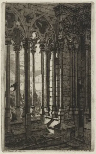 La galerie Notre-Dame, Paris (The Gallery of Notre Dame, Paris), by Charles Meryon, ink, 1853