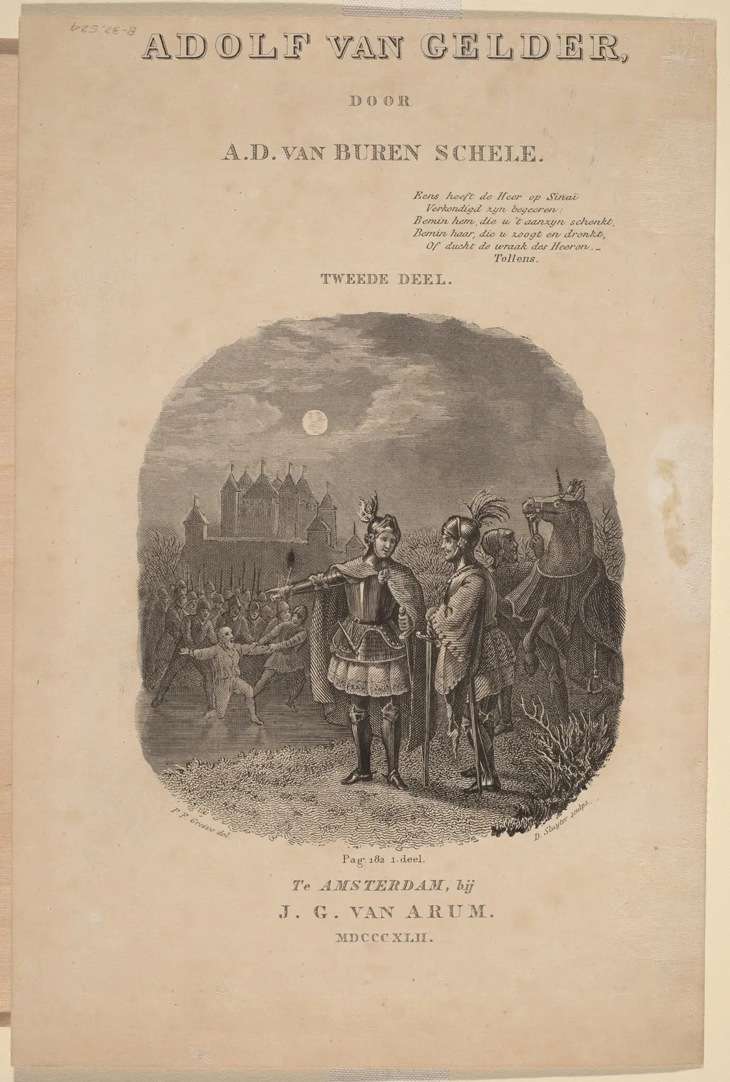 Title Page for A.D. van Buren Schele's  "Adolf van Gelder", Amsterdam, 1842, by Dirk Jurriaan Sluyter, ink, 1842