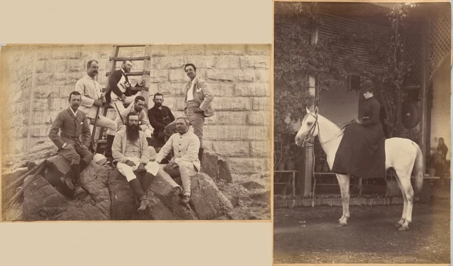 Managing staff of Meprs. Glover & Co. at Sindh Bridge (recto, top); Untitled: Woman on horse (verso, right), detail
