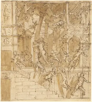 Samson Destroying the Temple, by Lattanzio Gambara, chalk, 1554