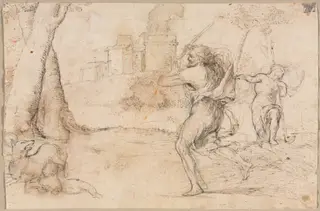 Romulus and Remus Found by Faustulus (recto), by Girolamo Romanino, 1535