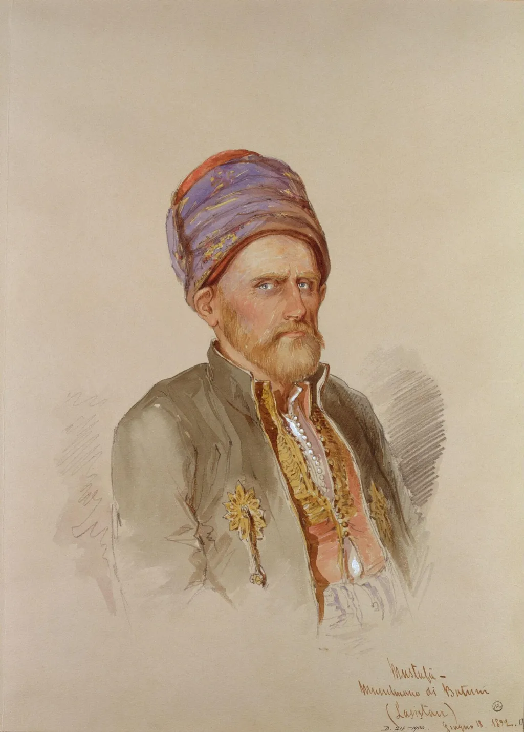 Portrait of Mustapha, a Muslim from Batum, by Aloysius Rosarius Amadeus Raymondus Andreas Preziosi, watercolor, 1852