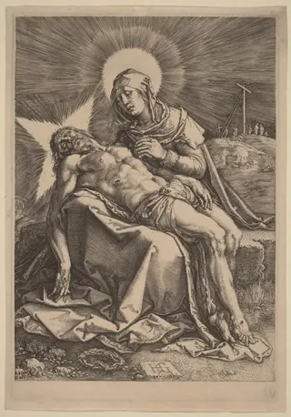 Pietà (The Sorrowing Virgin with the Dead Christ in Her Lap), by Hendrick Goltzius, ink, 1596