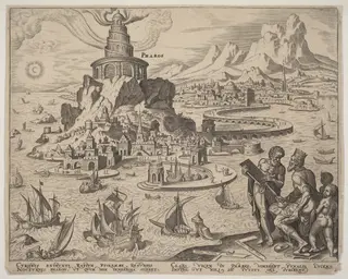 Pharos (The Lighthouse at Alexandria), by Philip Galle, ink, 1572