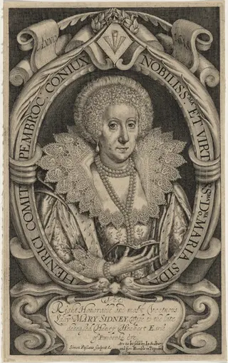 Mary Sidney, Countess of Pembroke, by Simon van de Passe, ink, 1621