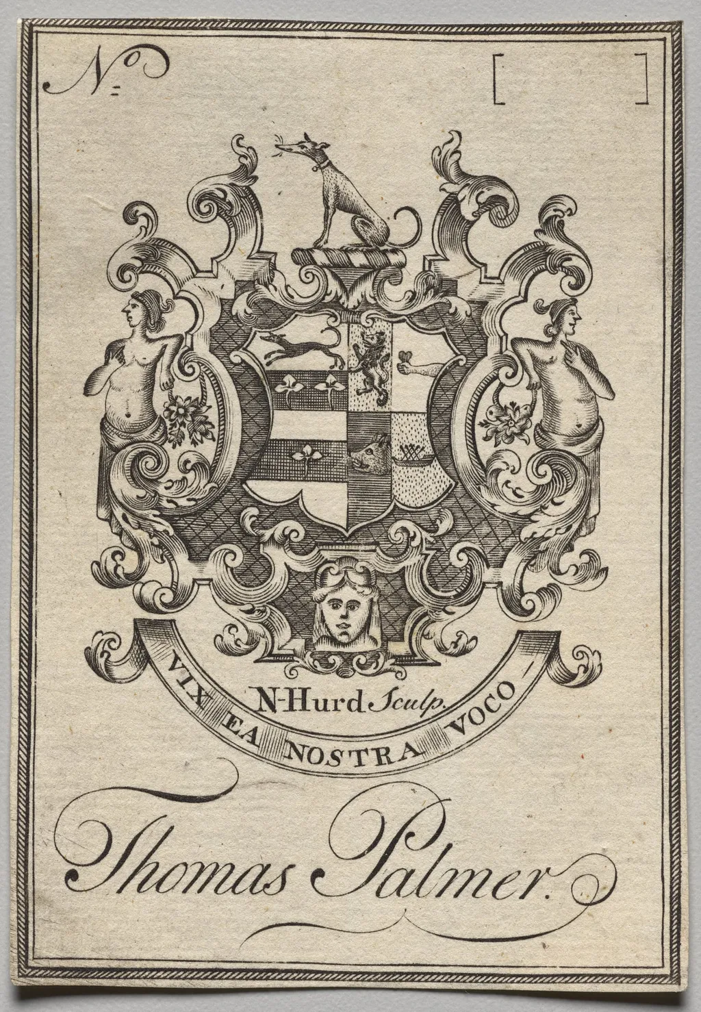 Bookplate:  Coat of Arms with Thomas Palmer inscribed, by Nathaniel Hurd, 1764