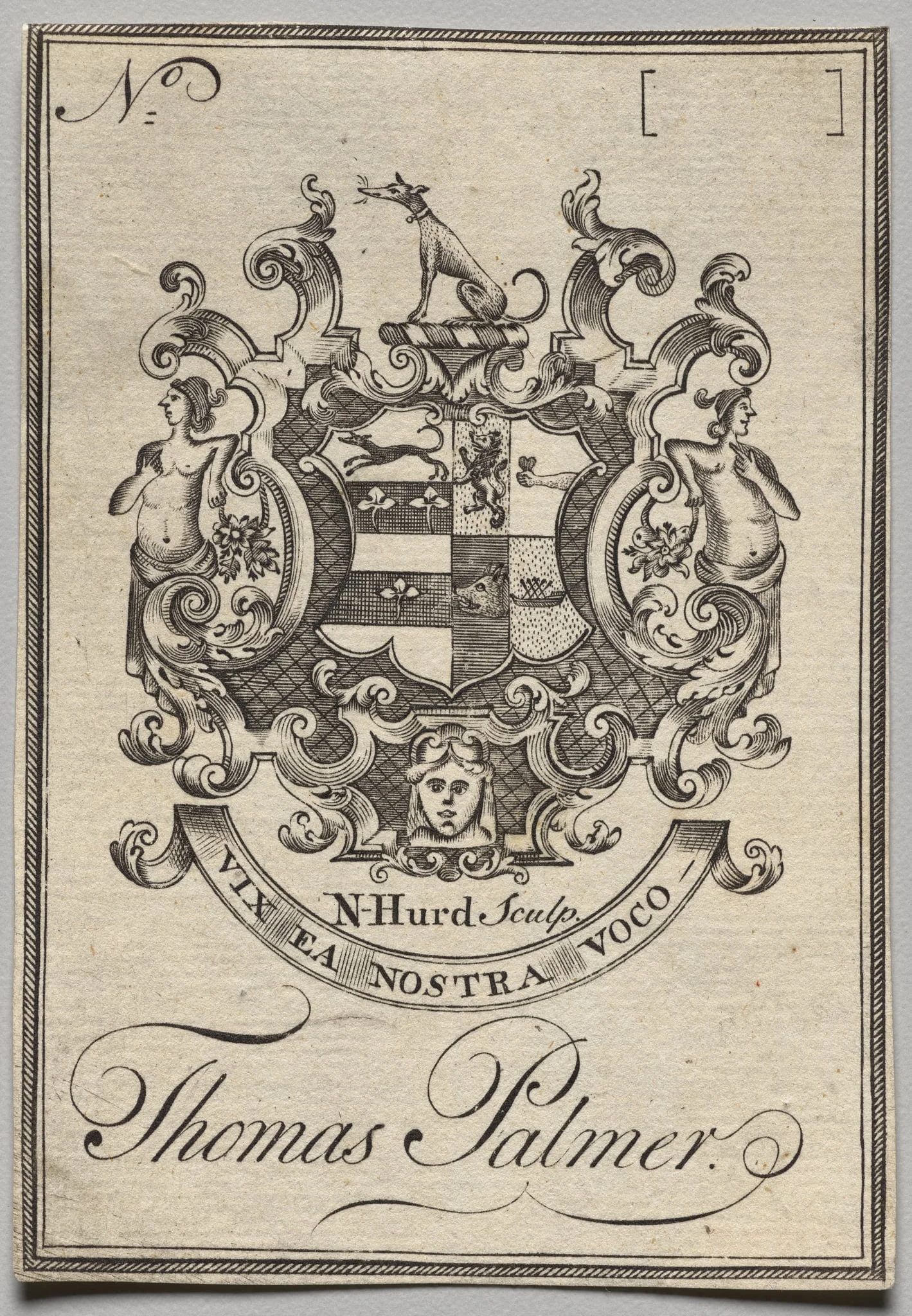 Bookplate: Coat of Arms with Thomas Palmer inscribed, detail