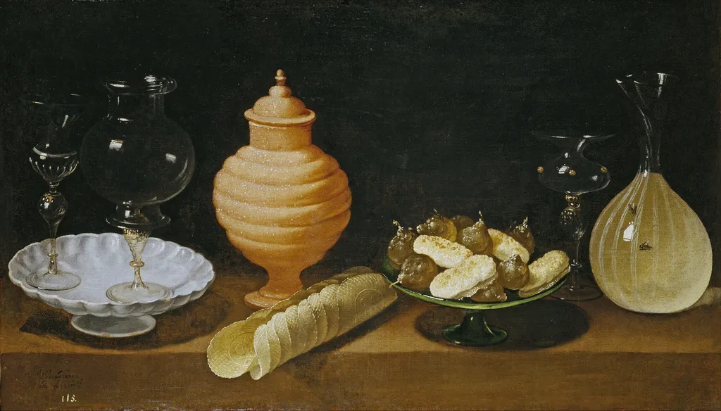 Still-Life of Glass, Pottery, and Sweets, by Juan van der Hamen, oil, 1622