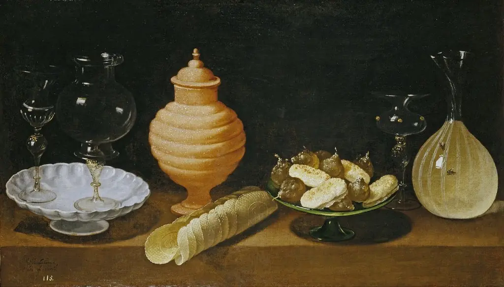 Still-Life of Glass, Pottery, and Sweets, by Juan van der Hamen, oil, 1622